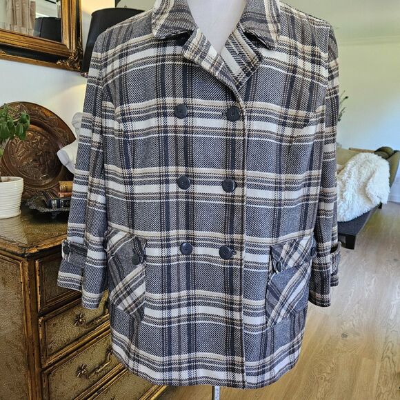 WOMAN WITHIN 30W 4X Gray Black Plaid Wool Pea Coat Cream Brown Plaid Plus Size - Picture 1 of 11